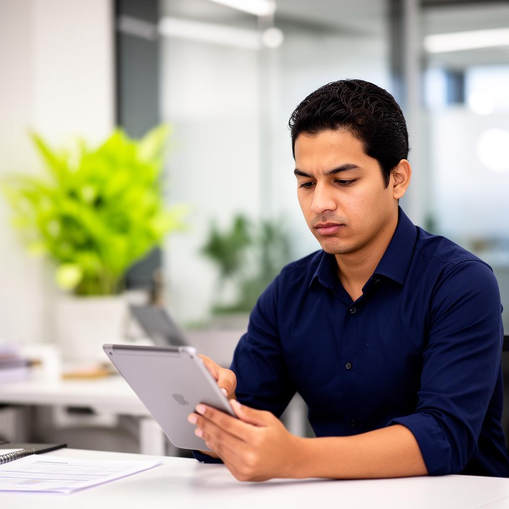 Docente revisando resultados de evaluación en tableta