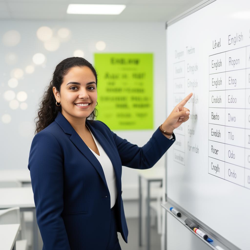 Profesora explicando niveles de inglés en aula